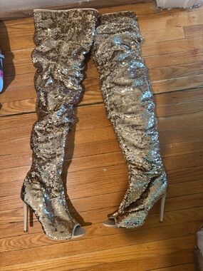 Cape Robbin Gold Sequin Over-the-Knee Peep-Toe Stiletto Boots